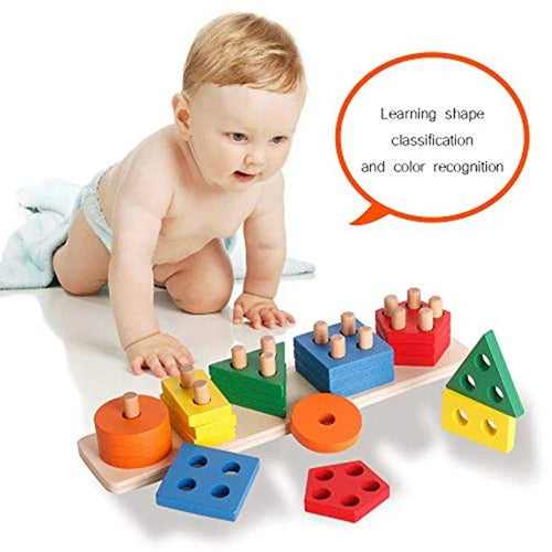 COLUMN 5 SHAPED WOODEN GEOMETRIC SORTING & STACKING TOY FOR KIDS