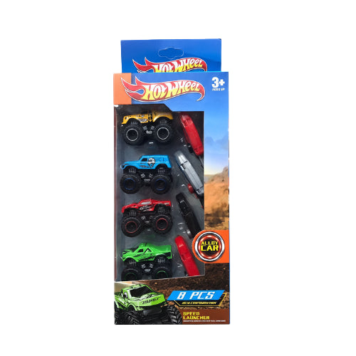 HOT WHEEL ALLOY MONSTER TRUCK & SPEED LAUNCHER SET FOR KIDS - 8PCS