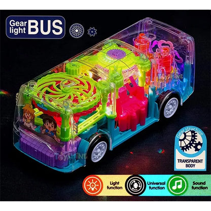 TRANSPARENT GEAR BUS "BUMP & GO" WITH 360° ROTATION, LIGHTS AND MUSIC TOY FOR KIDS