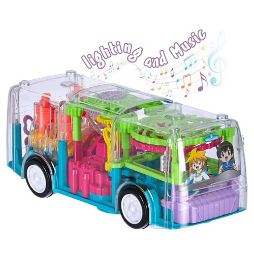 TRANSPARENT GEAR BUS "BUMP & GO" WITH 360° ROTATION, LIGHTS AND MUSIC TOY FOR KIDS