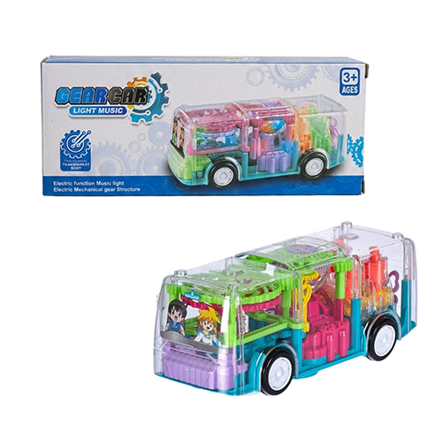 TRANSPARENT GEAR BUS "BUMP & GO" WITH 360° ROTATION, LIGHTS AND MUSIC TOY FOR KIDS