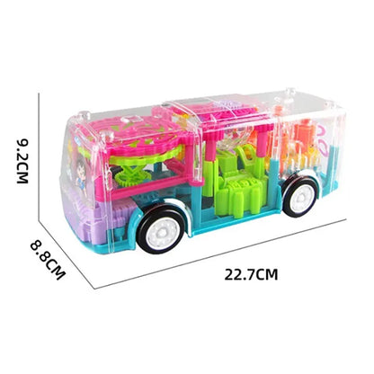 TRANSPARENT GEAR BUS "BUMP & GO" WITH 360° ROTATION, LIGHTS AND MUSIC TOY FOR KIDS