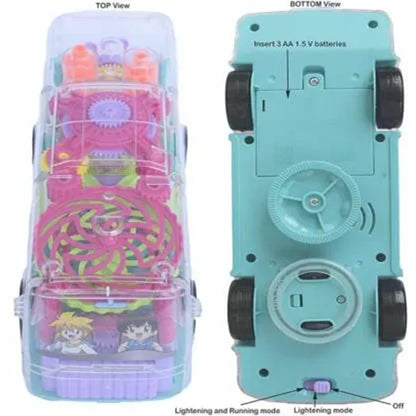 TRANSPARENT GEAR BUS "BUMP & GO" WITH 360° ROTATION, LIGHTS AND MUSIC TOY FOR KIDS