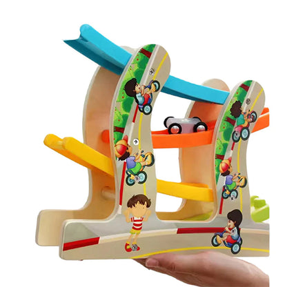 WOODEN RAIL CAR RACE TRACK SET FOR KIDS
