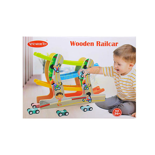 WOODEN RAIL CAR RACE TRACK SET FOR KIDS