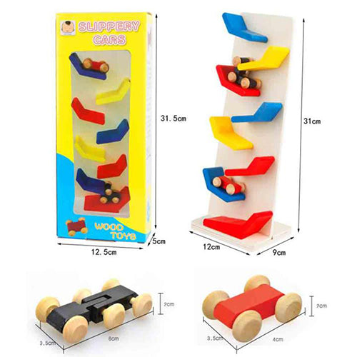 WOODEN SLIPPERY CAR RACE ZIG-ZAG TRACK SET FOR KIDS